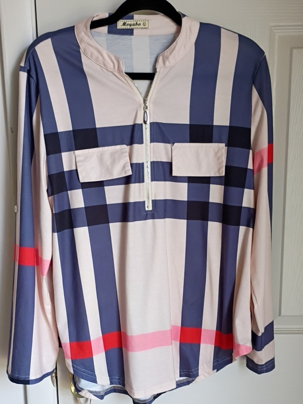 Moyabo women's plaid tunic blouse featuring a partial front zipper
